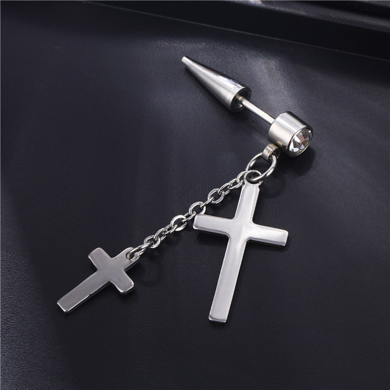 Wholesale Single Titanium Steel Tassel Chain Cross Men's Earrings